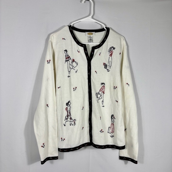 Talbots White Cardigan with Navy and Red Dogs & Ladies Embroidery Size Large - Picture 1 of 8